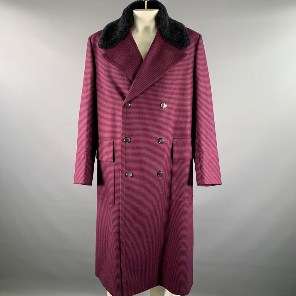 PAUL SMITH Size 42 Burgundy Navy Houndstooth Wool Double Breasted Coat